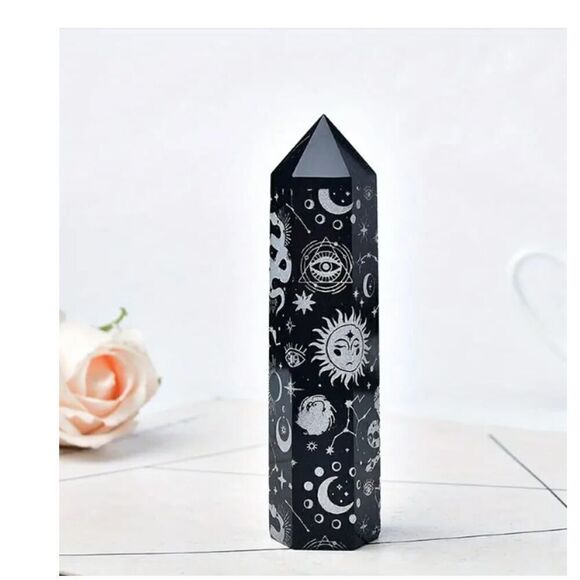 New! Natural Obsidian Star Moon Patterned Pointed Magic Stress Relieving Stone - Picture 1 of 2